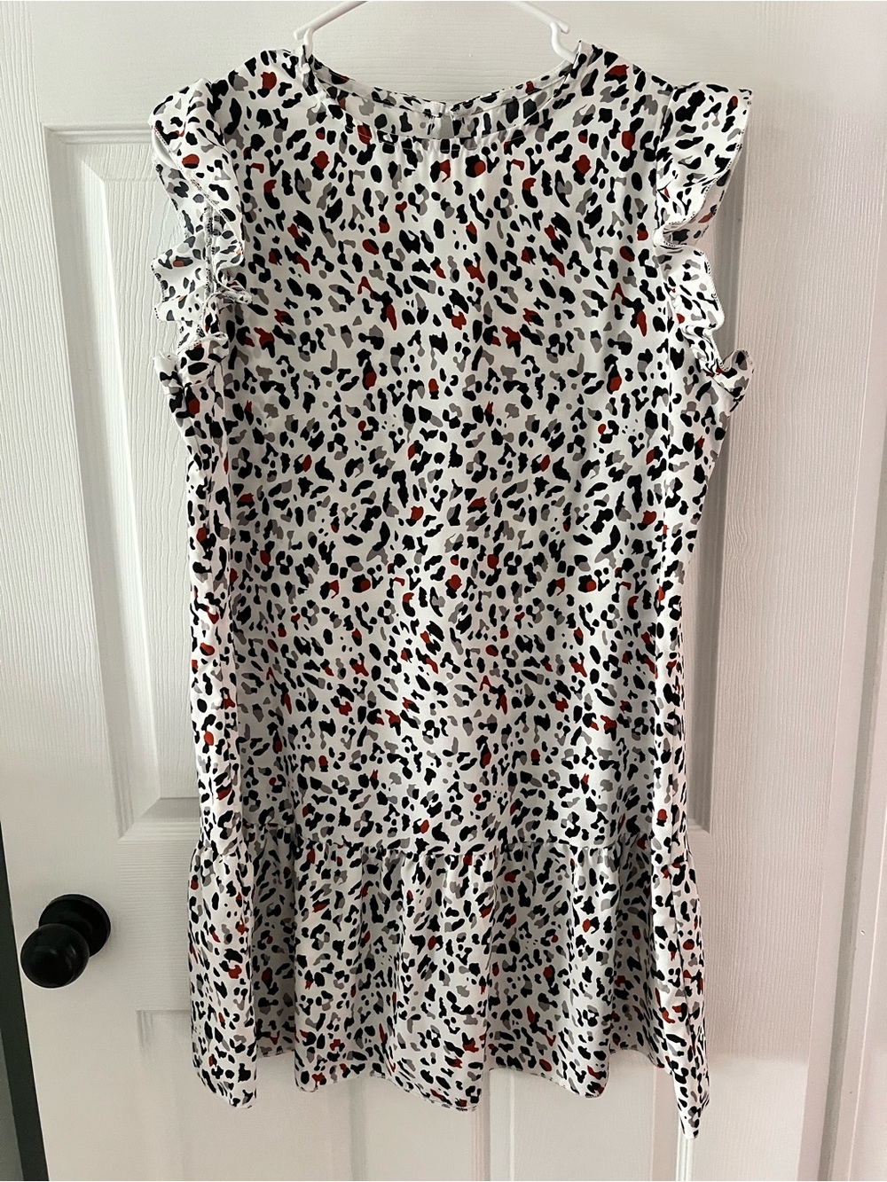 White Leopard Print Ruffle Sleeve Shift Dress with Brown Accents